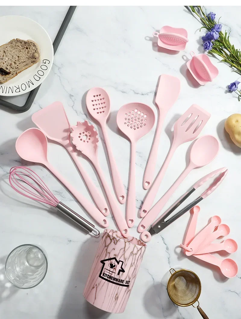 Pink 18Pcs Food Grade Silicone Kitchen Cookware Utensils Turner Spatula Measuring Spoon Practical Cooking Tool Kitchenware Set