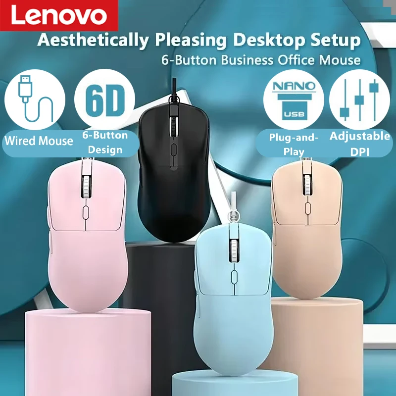 Ratón con cable Lenovo, ratón USB ergonómico de 6 botones con DPI ajustable, Plug-and-Play, ratón óptico con cable para juegos, oficina, PC y portátil