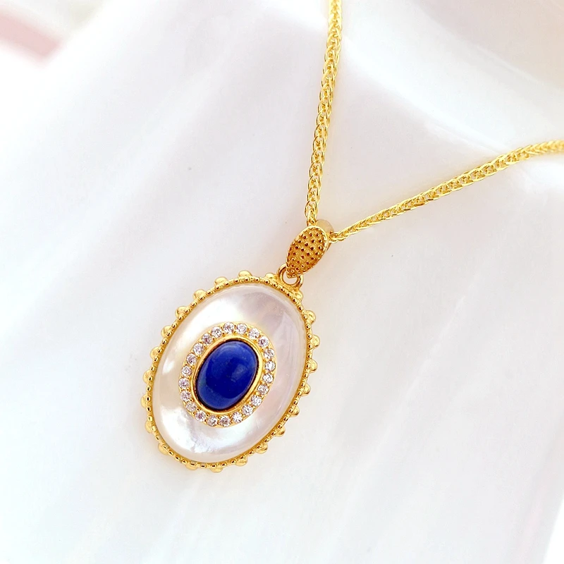 

925 Sterling Silver Pendant Inlaid Natural Pearl Shellfish Lapis 18K Gold Plated Pendant Beauty of Nature Fashion Lady Jewelry