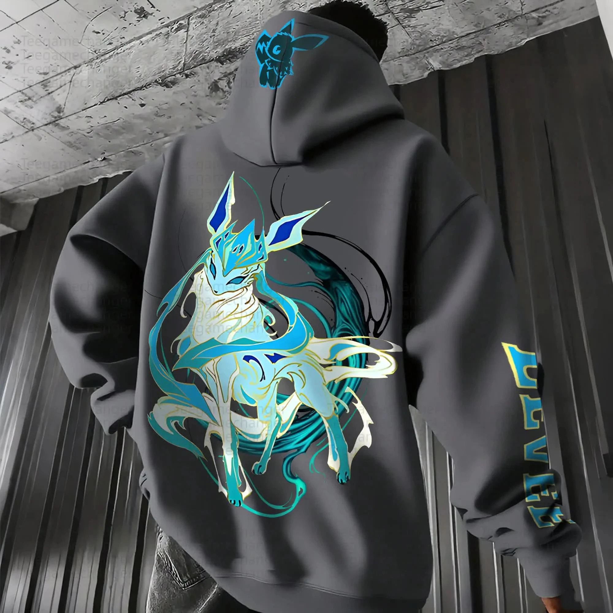 Pokémon moletom com capuz masculino 2025 outono/inverno novo glaceon anime impresso hip hop tendência y2k casual solto pai criança camisola topo