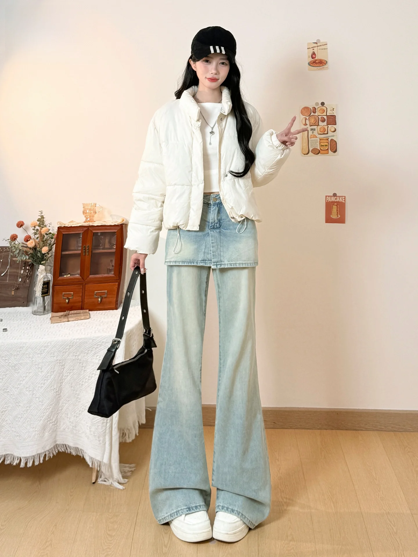 

Модные женские джинсы-юбка с эффектом двухслойности, светлый деним, расклешенные, с завышенной талией, повседневные, весна 2026