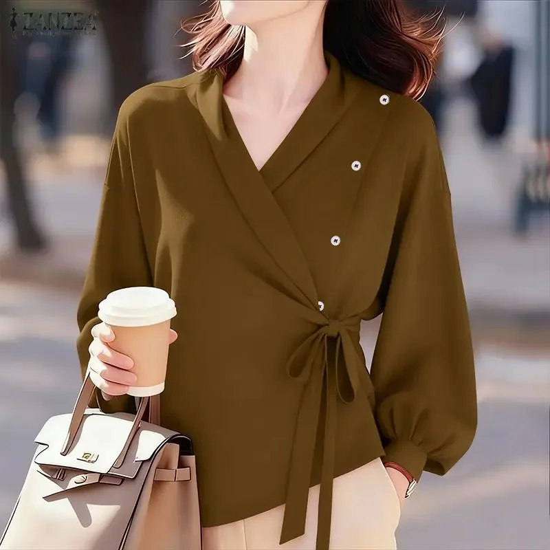 

ZANZEA 2025 Autumn Elegant V Neck Long Sleeve Tops Office Women Blouse Spring Shirt Solid Lace -Up Pullover Blusas Mujer Femme