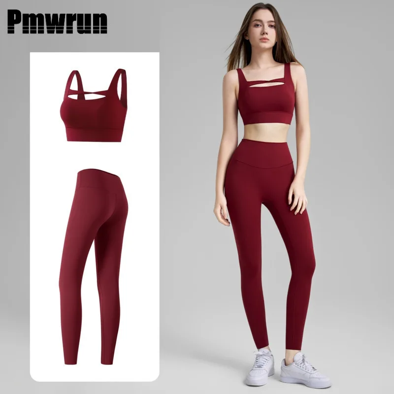 

PMWRUN 2025 Two-Piece Lycra Yoga Set Yoga Pants U-Shaped Beautiful Back Fixed Cup Fitness Sports Bra Gym Sport Set For Woman