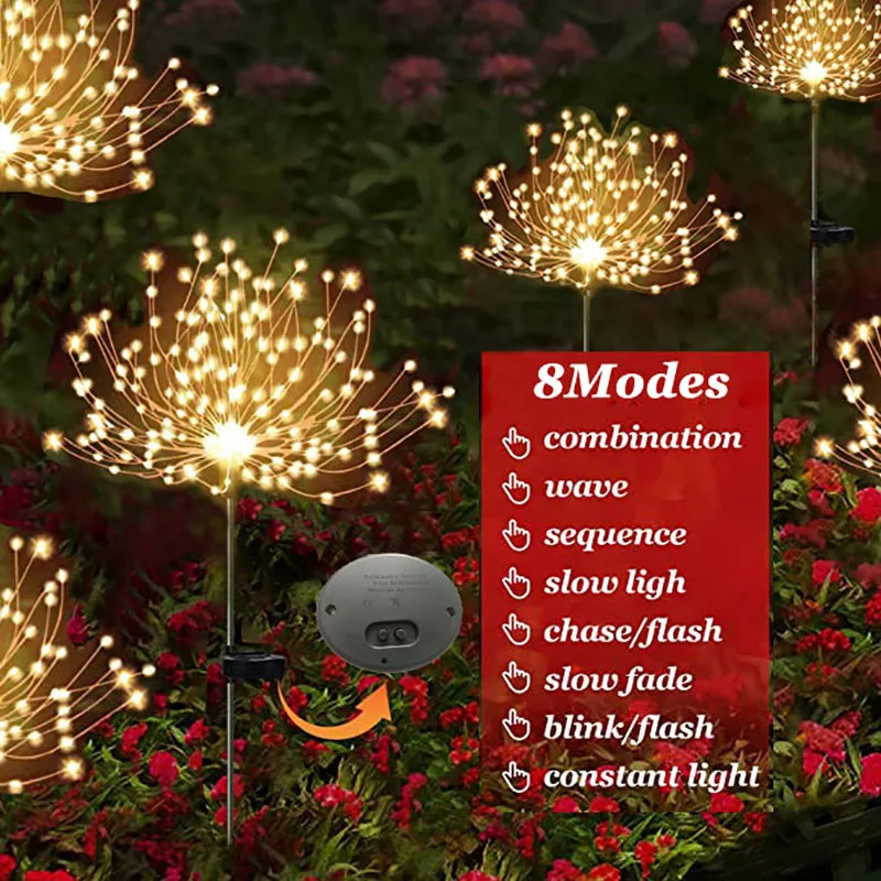 Solar Firework LED Lights Outdoor Lawn Lamp Grass Dandelion Flash Lamps Holiday Decor Floodlight Street Garden Light 90-150 LED