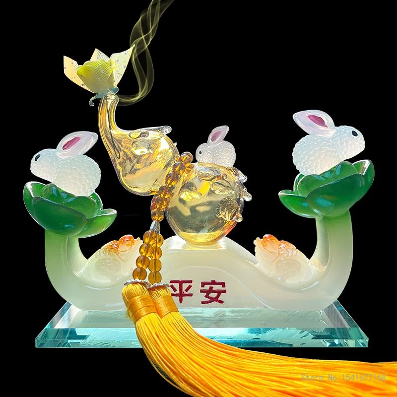 Chinese Style Crystal Glass Animal Rabbit Sculpture, Wealth Seeking Lucky Gourds, Home Living Room, Car Interior Decoration, 1Pc