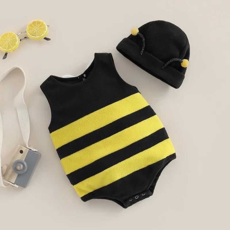 Romper lebah bayi laki-laki perempuan, jumpsuit dekorasi sayap belakang putih tanpa lengan bergaris pakaian kostum kasual bodysuit bayi dengan topi