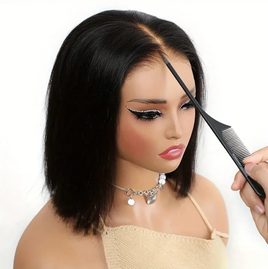 Perruques Lisses Sans Colle En Cheveux Humains Coupe Bob Avec Closure En Dentelle Pré-Découpée 13x4 5x7 Prêtes à Porter Densité 220% Couleur Noire En Cheveux Humains Brésiliens Cheveux Naturels