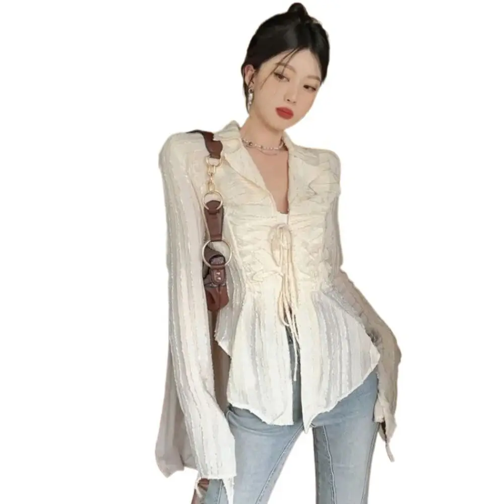 

Модная шифоновая солнцезащитная рубашка с v-образным вырезом, нестандартная свободная рубашка с длинными рукавами, бежевая рубашка с рюшами на шнуровке, женская музыкальная фестивальная рубашка