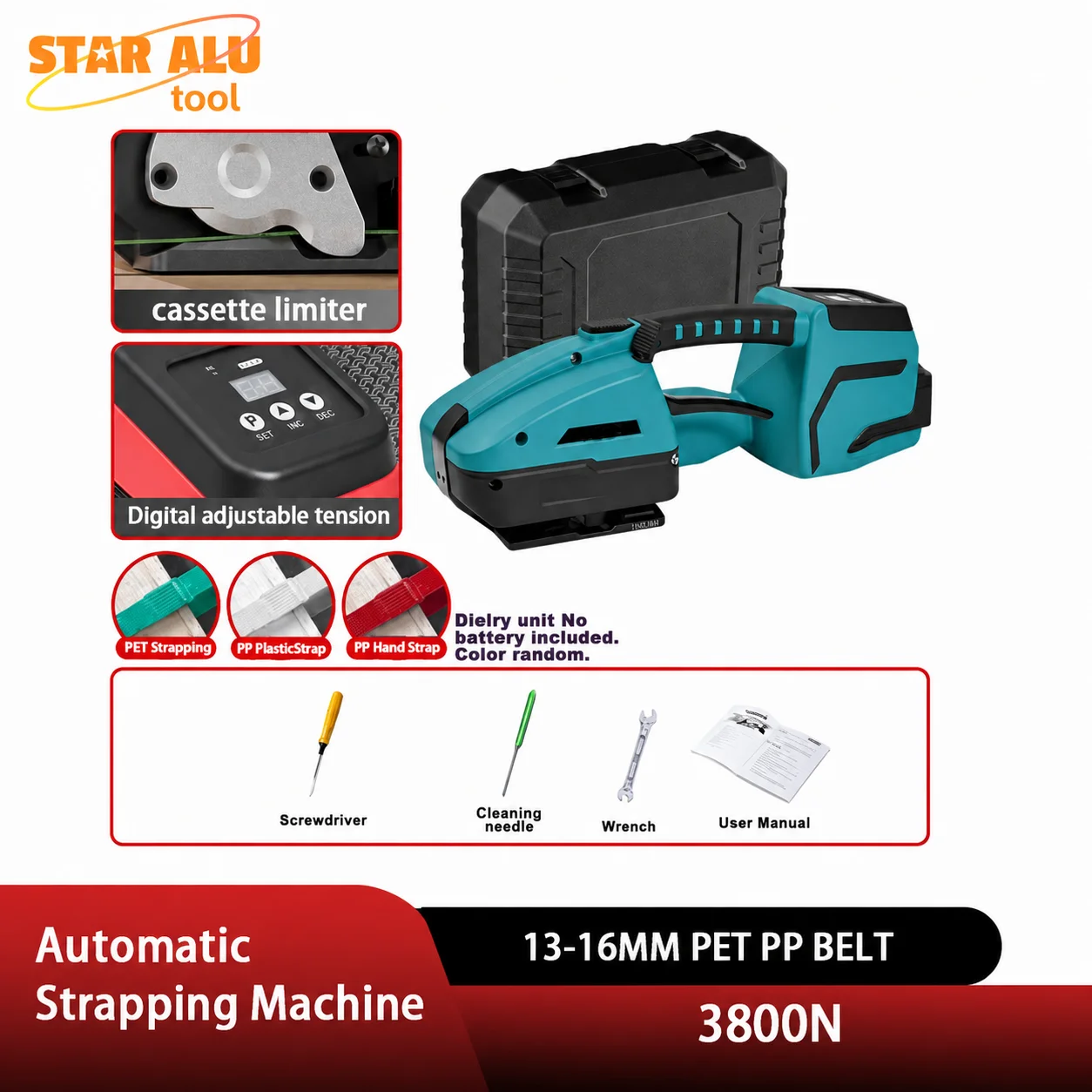 2025 New V3 3800N Electric Strapping Machine 400W Automatic 13-16mm PET PP Belt Digital Display Friction Heat Welding 2 Batterie