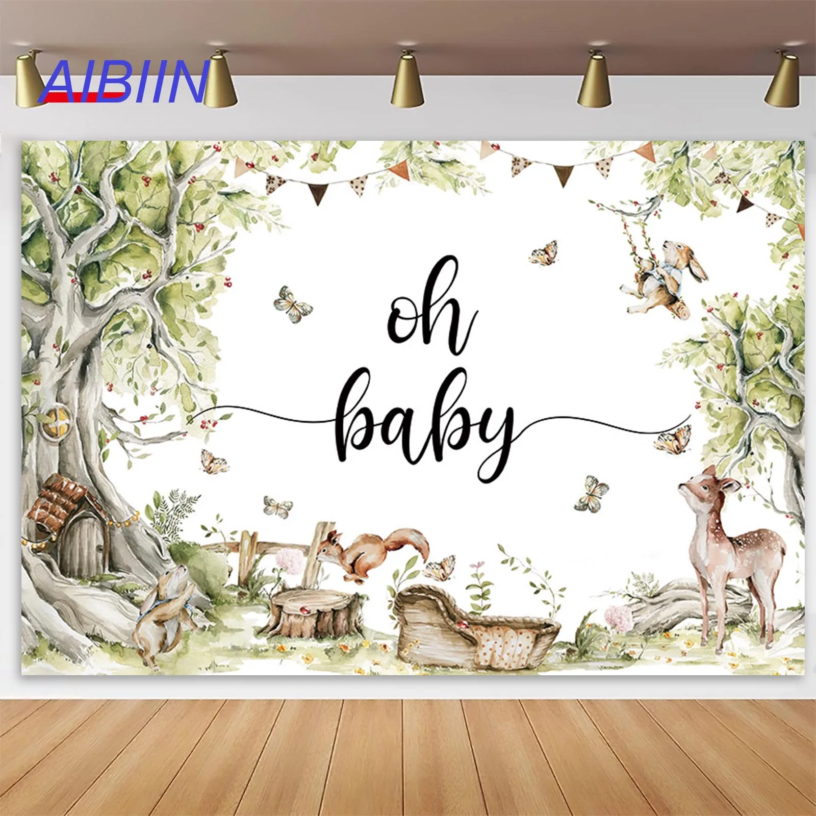 

AIBIIN Oh Baby Gender Reveal Backdrops Forest Wildlife Jungle Squirrel Butterfly Photography Background Kid Portrait Party Decor