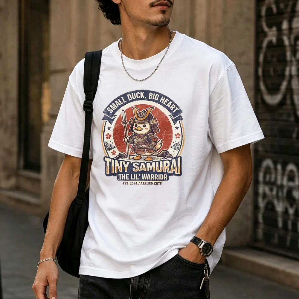 T-shirt graphique vintage déchiré « Petit Samouraï Grand Cœur » pour homme, en coton à manches courtes, style japonais Bushido, motif dessin animé, décontracté