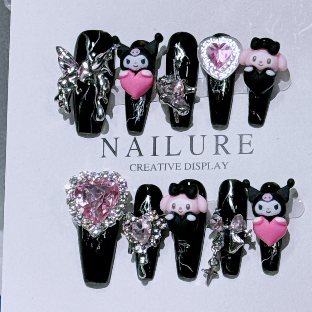 Y2K Punk Handwork Coffin Metal 3D Butterfly Press on Nails Mymelody Kuromi Rose Decoration Glittering Diamond Full Cover Nails