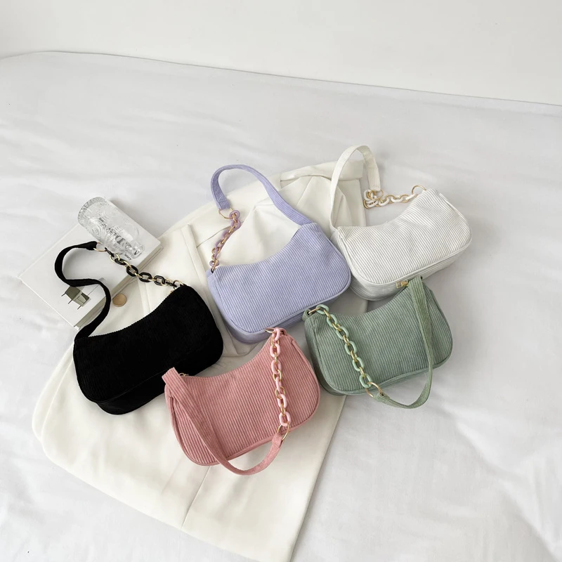 Fashion Vintage Handbags Women Autumn Winter Corduroy Underarm Bag Zipper Shoulder Small Bags Female Soft Casual Clutch Handbag