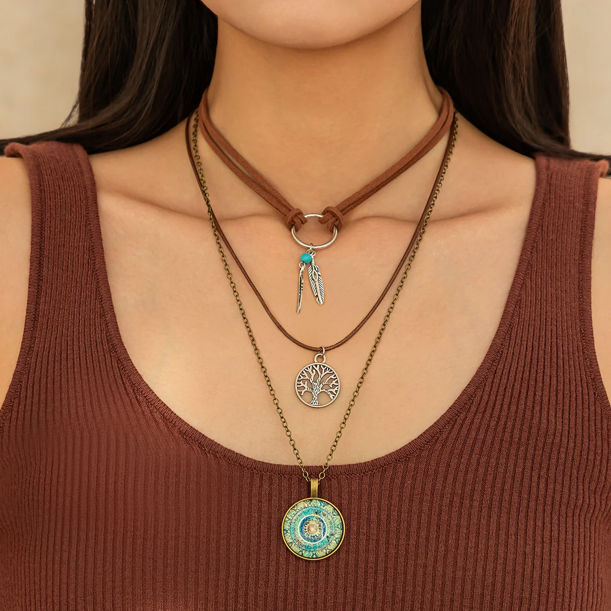 High Quality Vintage Ethnic Multilayer Necklace Set Tree Round Pendant Beaded Chunky Choker for Women