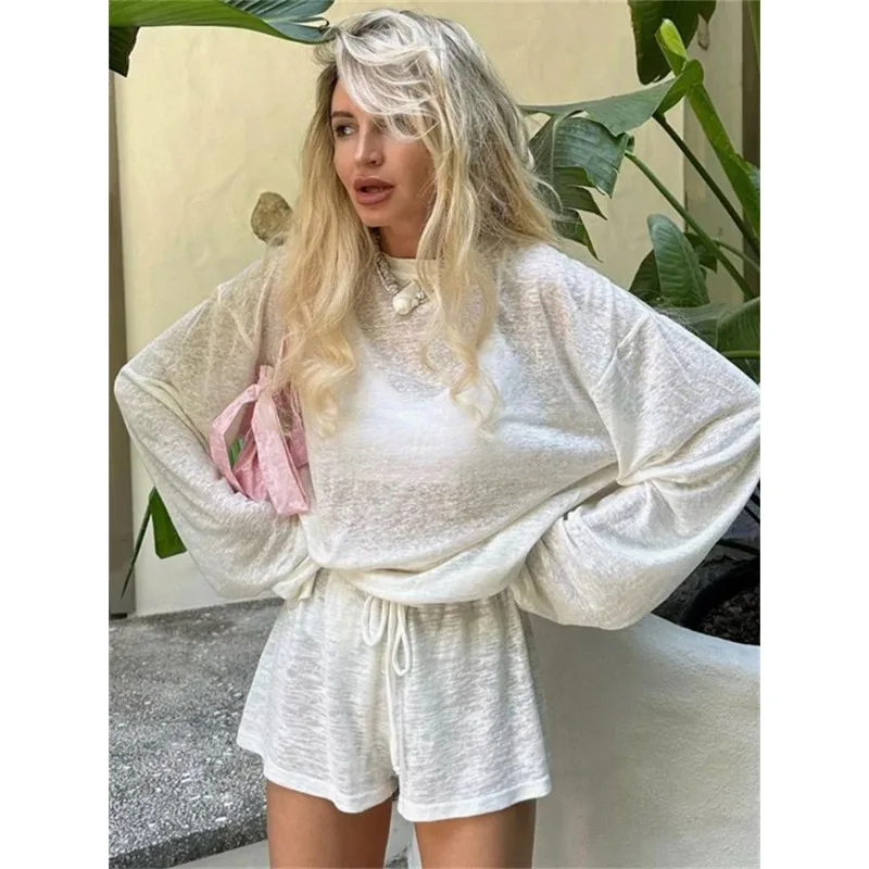 

Casual White 2 Piece-Set Shorts Women Long Sleeve Loose Lace-Up Solid Pullover Top And High Waist Spring Shorts Outfits