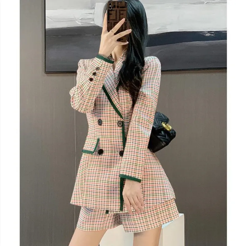 Women\'s Spring and Autumn Fashion Checker Blazer Suit Korean Elegant Chic Casual Suit Coat Shorts Two Piece Set Female Clothing