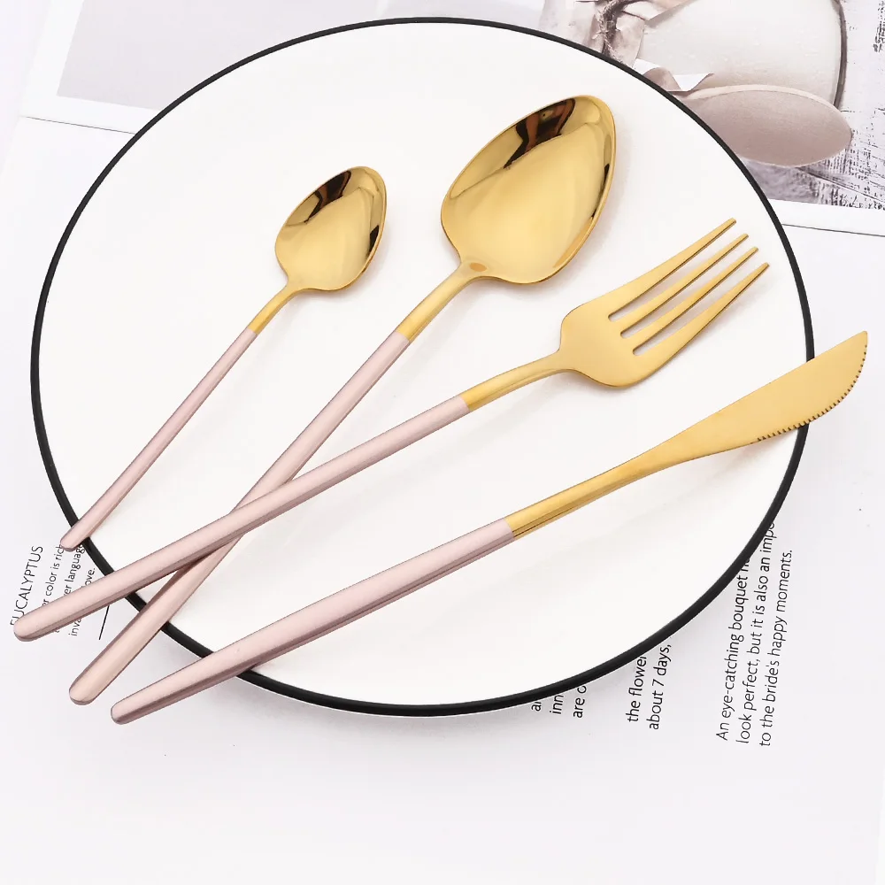 304 Stainless Steel Dinnerware Set Mirror Pink Silver Cutlery Fork Spoon Knife Flatware Home Hotel Tableware Set Western Kitchen