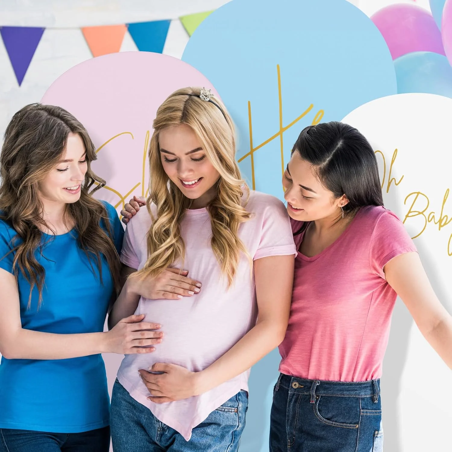 Copertura per arco rosa blu bianco Copertura per supporto per arco per rivelare il genere Sfondo per feste aderente in spandex Top rotondo per baby shower