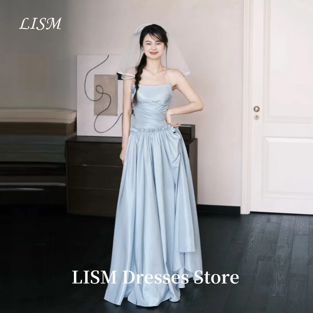

LISM Blue A-Line Korea Evening Dresses Photo Shoot Soft Satin Strapless Floor Length Prom Gowns 웨딩드레스 Customized Corsets