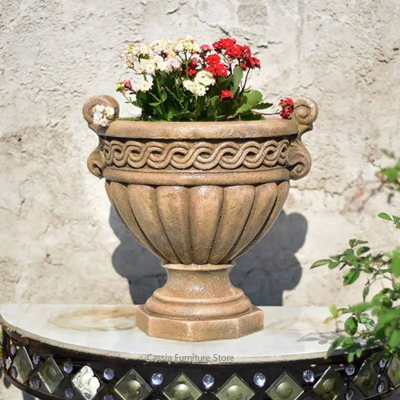 European Trophy Planter for Balcony, Decorative Pedestal Pot for Entryway, Ornate Floor Urn for Courtyard Home Entrance
