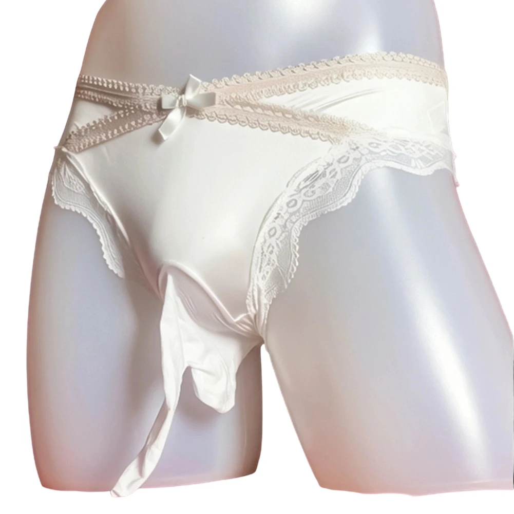 1pc Men Sissy Smooth Glossy Briefs Satin-like Underwear Separate Pouch Lace Briefs Lift Hip Sexy Lingerie Breathable Comfortable