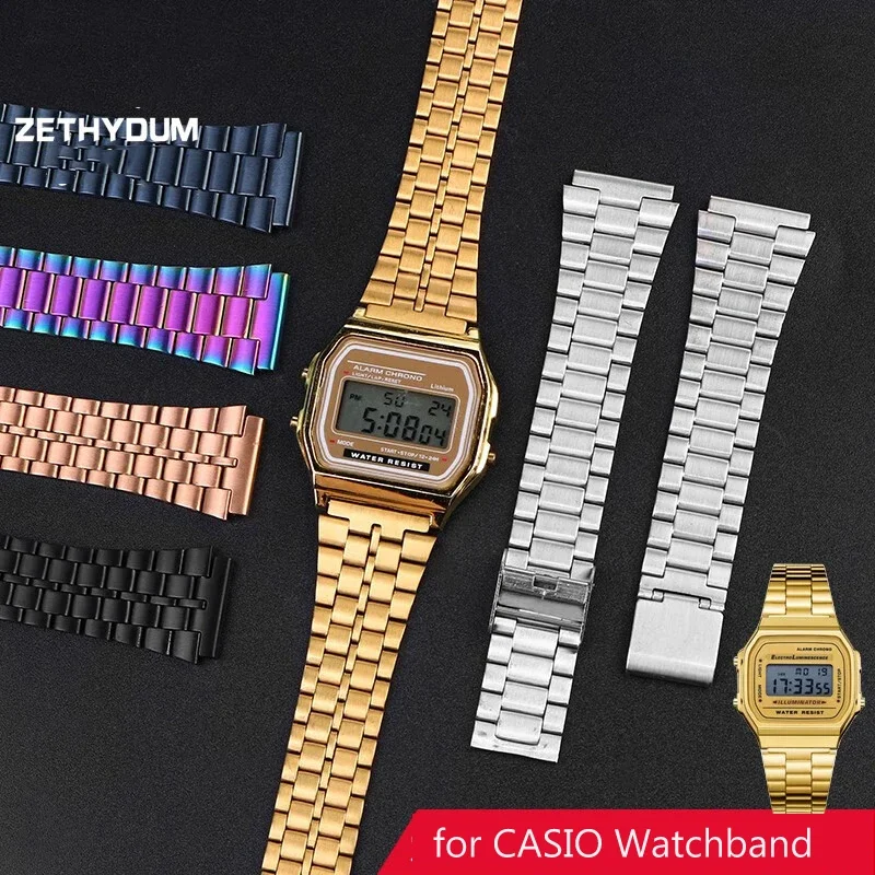 Watch strap For Casio steel wristband a158 / a159 / A168 /a169 /b650 /aq230/ 700 small gold watch Accessories Convex mouth18mm