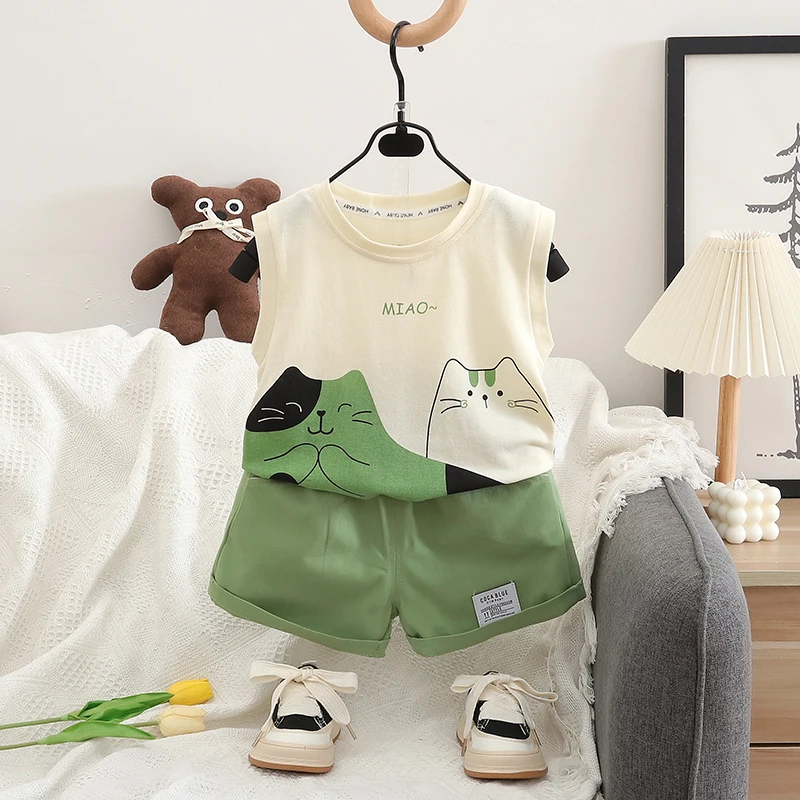 Fashion Kids Baby Boys Vest+Shorts 2Pcs/sets Clothing Cartoon Printing Summer Girls Cotton Tracksuit Sports Casual Clothes Suit