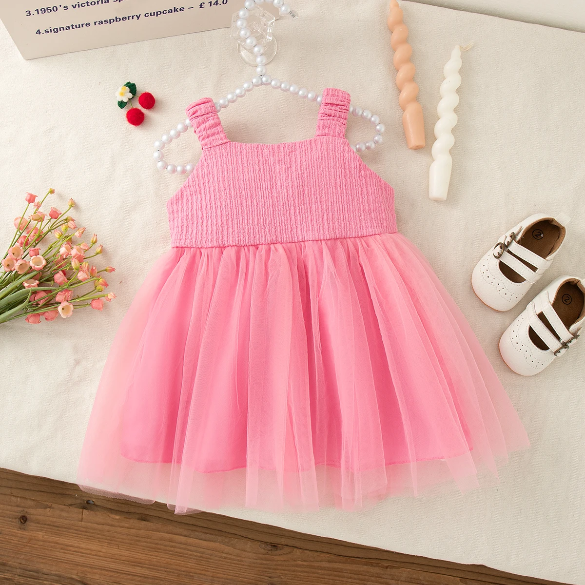 Baby Girl Pink Dress Cute Cherry Decorative Solid Color Suspender Gauze Dress Summer Casual Dresses for Girls 0-4 Years