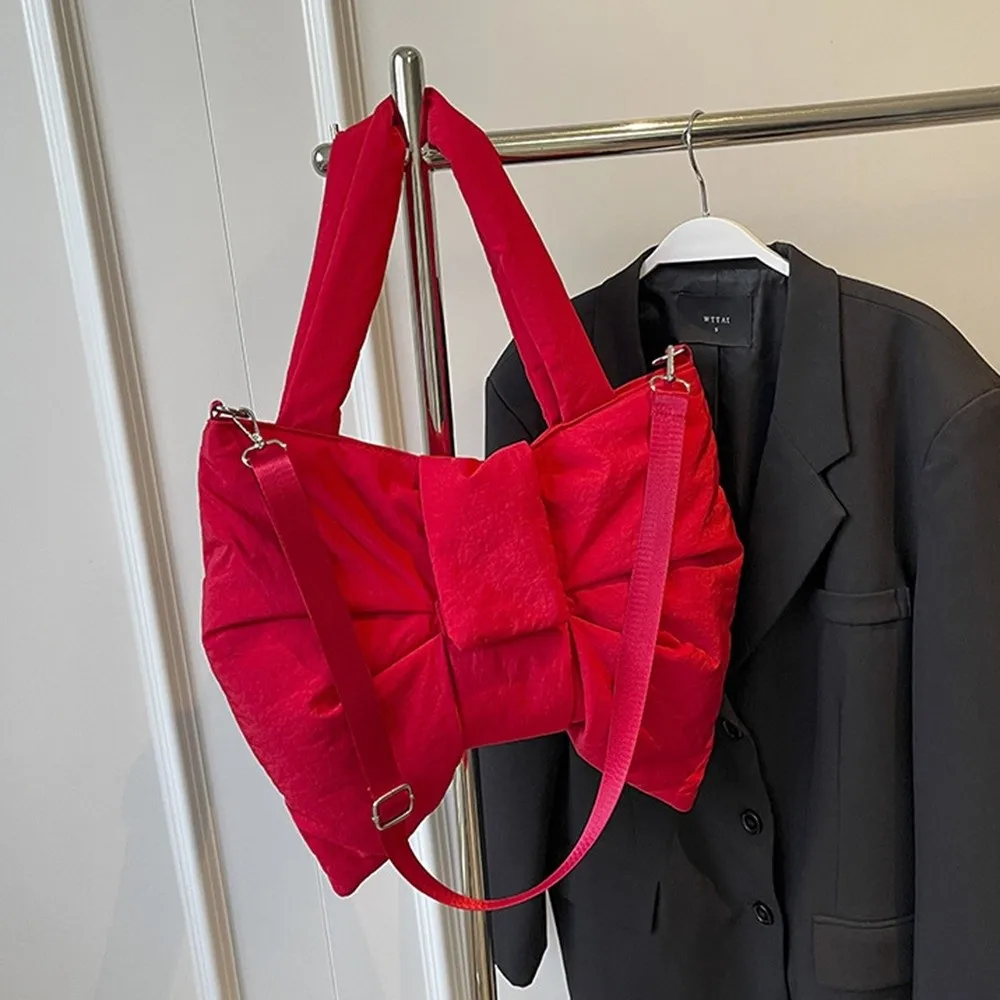 الكورية نمط Ruched Bowknot حقيبة كتف سعة كبيرة مبطن بالقطن النايلون مبطن حمل حقيبة لينة التنقل حقائب كروسبودي #3