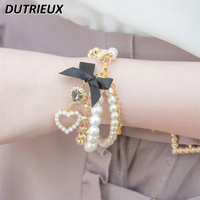 

New Handmade Japanese Style Women's Bracelets Sweet Cute Lady Bow Fashion Jewelry Love Pearl Rhinestone Bracelet Soft Girl