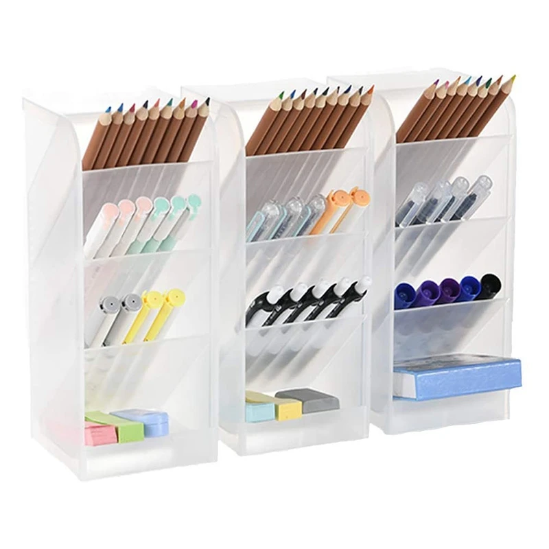 Desk Manager Pen Storage Rack Multi-Compartment Pen Holder Storage Box Stationery Solid Color Translucent For Office