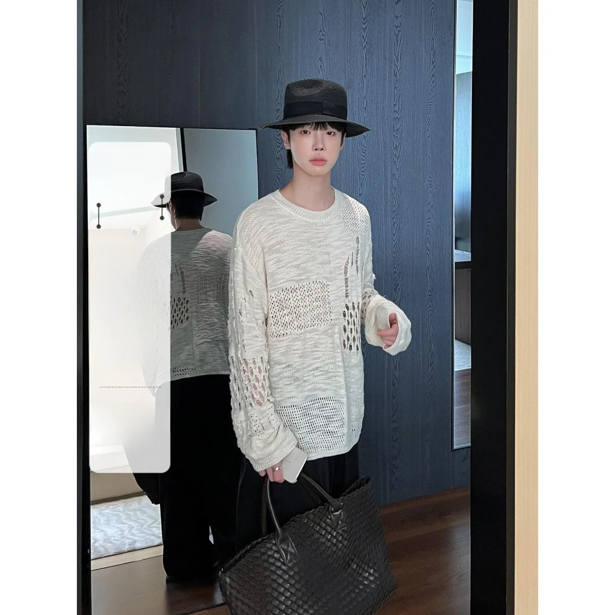 

Retro Japanese Sle Men's Knitted Sweater Autumn Winter Hollow out Lazy Wealth Sle Woolen Casual Long Sve round Ne