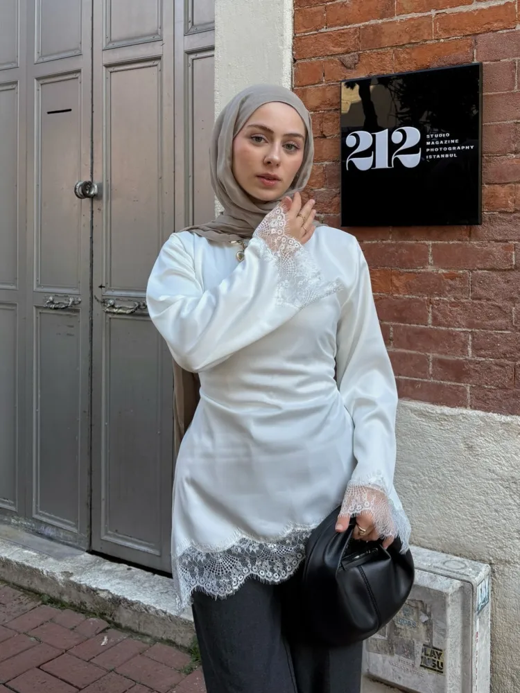 DFDG Women 2026 Spring Summer Satin Long Sleeve Blouse Ruched Waist Lace Hem Modest Casual Elegant Muslim Fashion Top Shirt