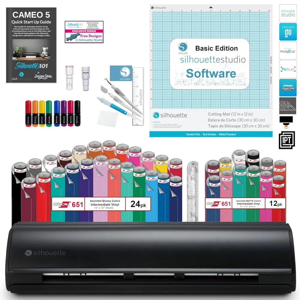 Cameo 5 Vinyl Bundle- 36 Sheets of Vinyl, Vinyl Tool Kit, Premium Blade, Pens, and Cameo 5 Start Up Guide with Extra Designs