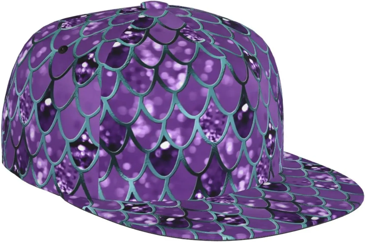 Purple Teal Mermaid Scales Flat Bill Hat, Unisex Snapback Baseball Cap Hip Hop Style Flat Visor Blank Adjustable