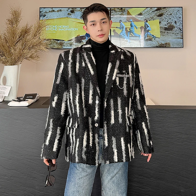 LUZHEN 2024 Stylish Stripe Fleece Outerwear Elegance Men's Color Contrast Pattern Original Design Woolen Blazer Jacket LZ6857