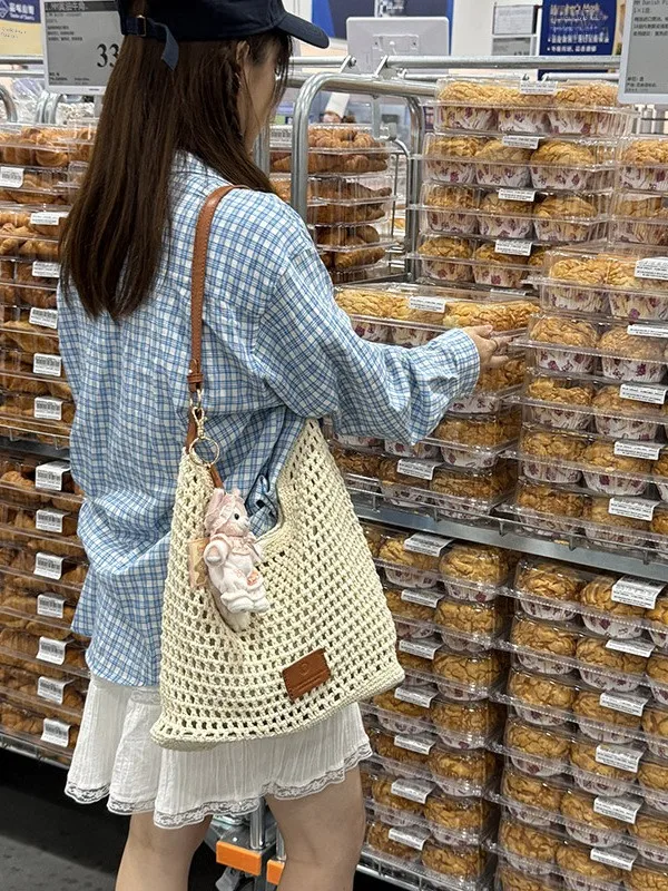 2025 صيف جديد حقيبة نسائية صغيرة شاطئ Vaion السفر المنسوجة الجوف خارج حقيبة كتف الكورية Sle القطن اللون حقيبة