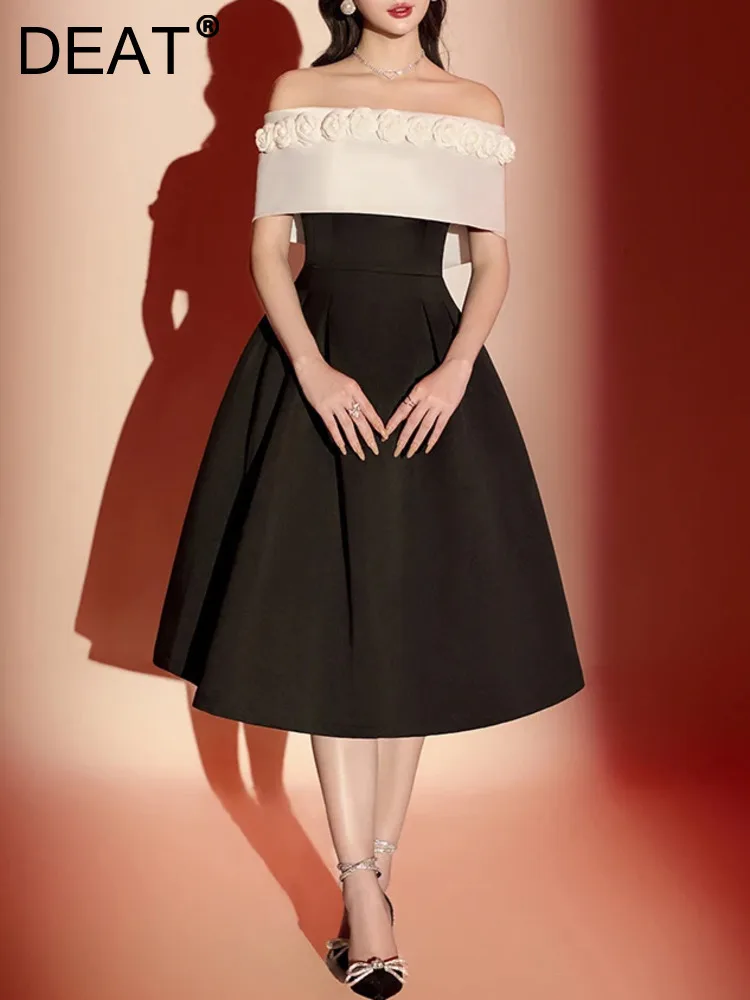 

DEAT 2024, осеннее женское элегантное платье контрастного цвета, 3D цветок, вырез шеи, высокая талия, женские вечерние платья, новинка 35Z474