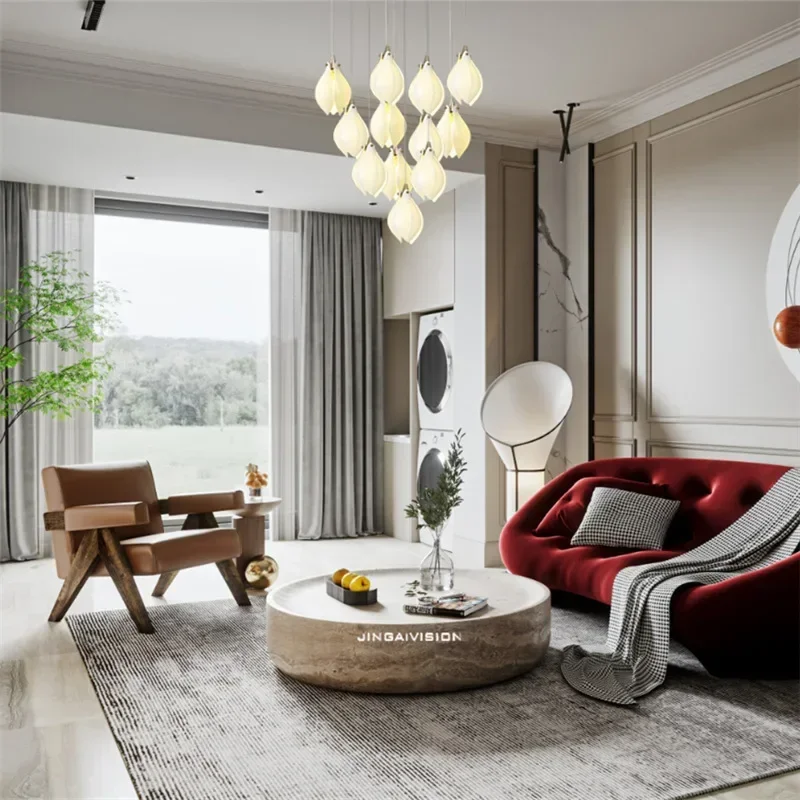 Modern LED Ceramic Magnolia Ceiling Chandeliers Stairs Villa Atmosphere Hanging Lamp High-end Living Dining Room Pendant Light