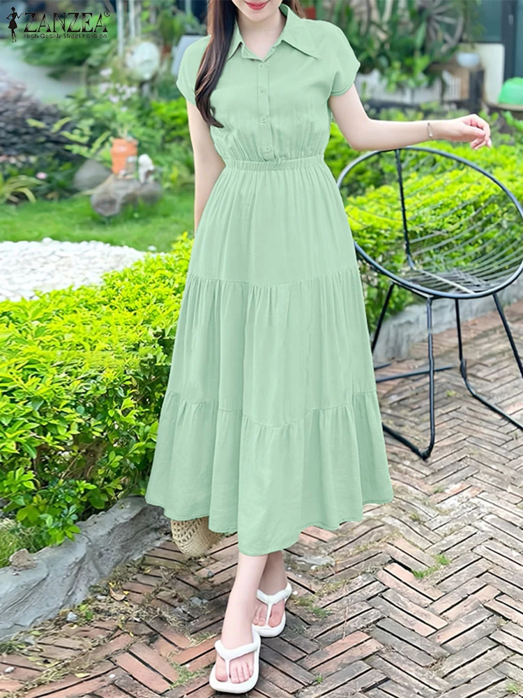 Zanzea feminino elegante em camadas midi vestidos 2025 verão moda turn-down colarinho boné manga a linha robes femme sólido camisa