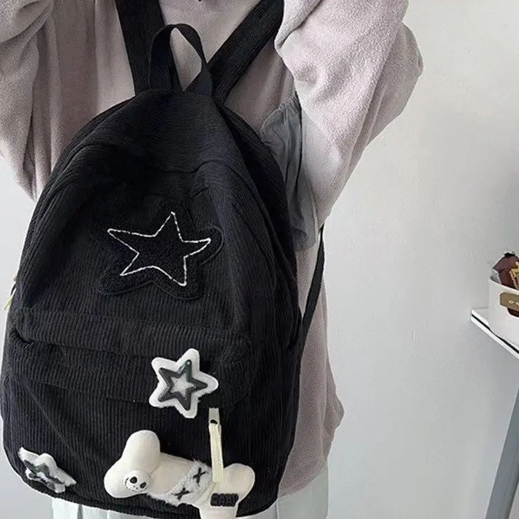 Tas punggung Corduroy bergaya Korea untuk anak perempuan, tas ransel sekolah motif bintang Y2k, tas punggung kapasitas tinggi kasual imut untuk bepergian wanita