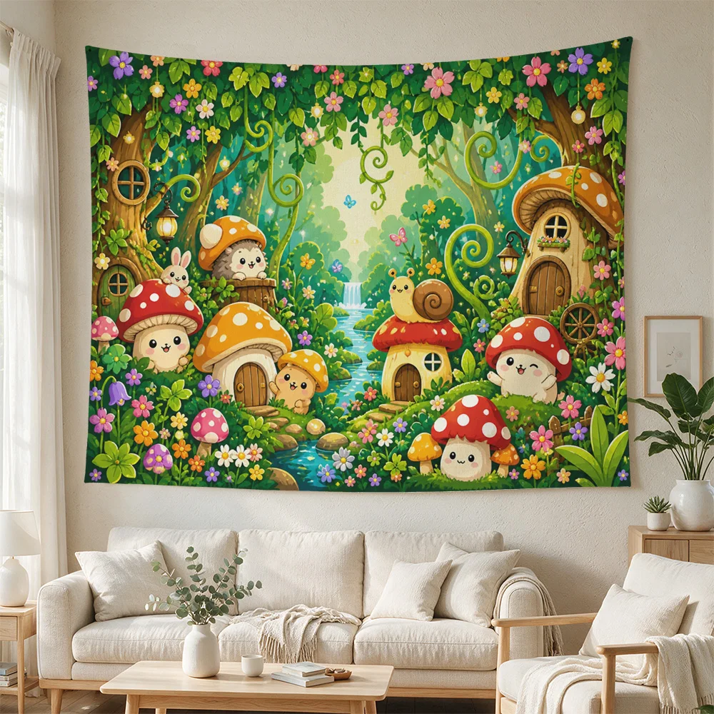 Whimsical Woodland Cottage Fairy Garden Tapestry Wall Hanging Nursery Decor Boho Kids Room Art