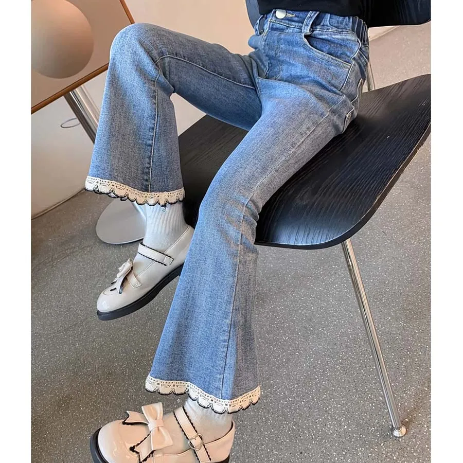 

Весенне-осенние стильные расклешенные джинсы для девочек из хлопка с кружевом, школьные джинсовые брюки для детей, уличные джинсовые штаны, детская одежда, нижняя часть комплекта, 3-12 лет