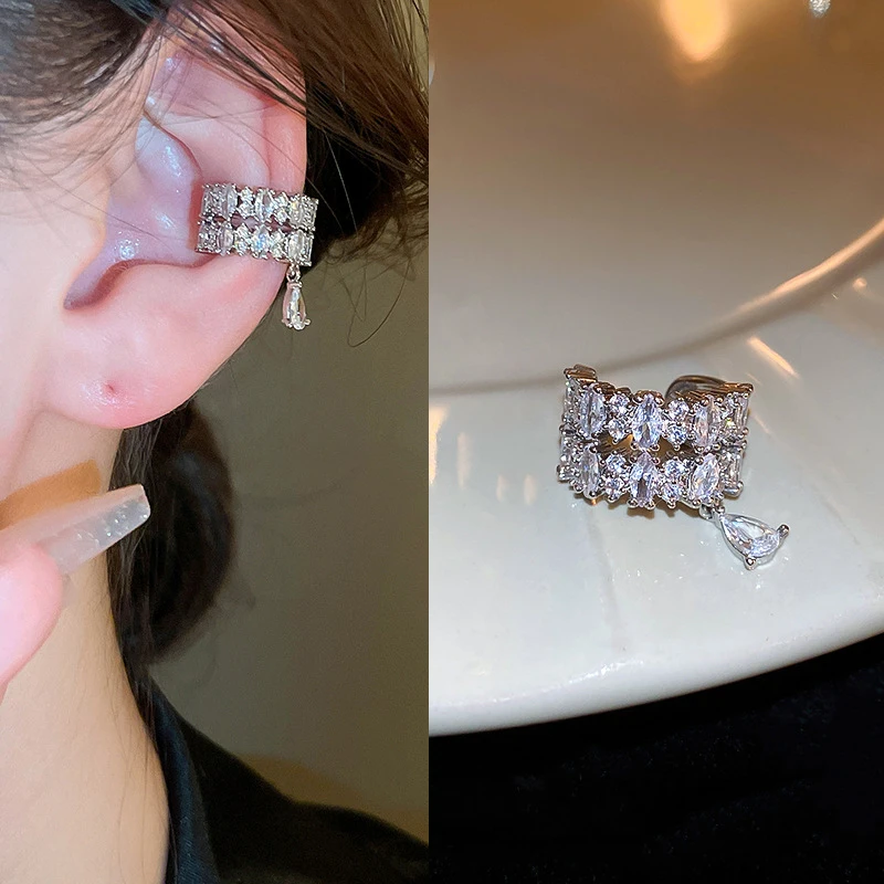 Big Double Layer C-Shaped Crystal Zircon Cuff Earrings Rhinestone No Piercing Water Droplet Clip Earring Simple Luxury Ear Clip