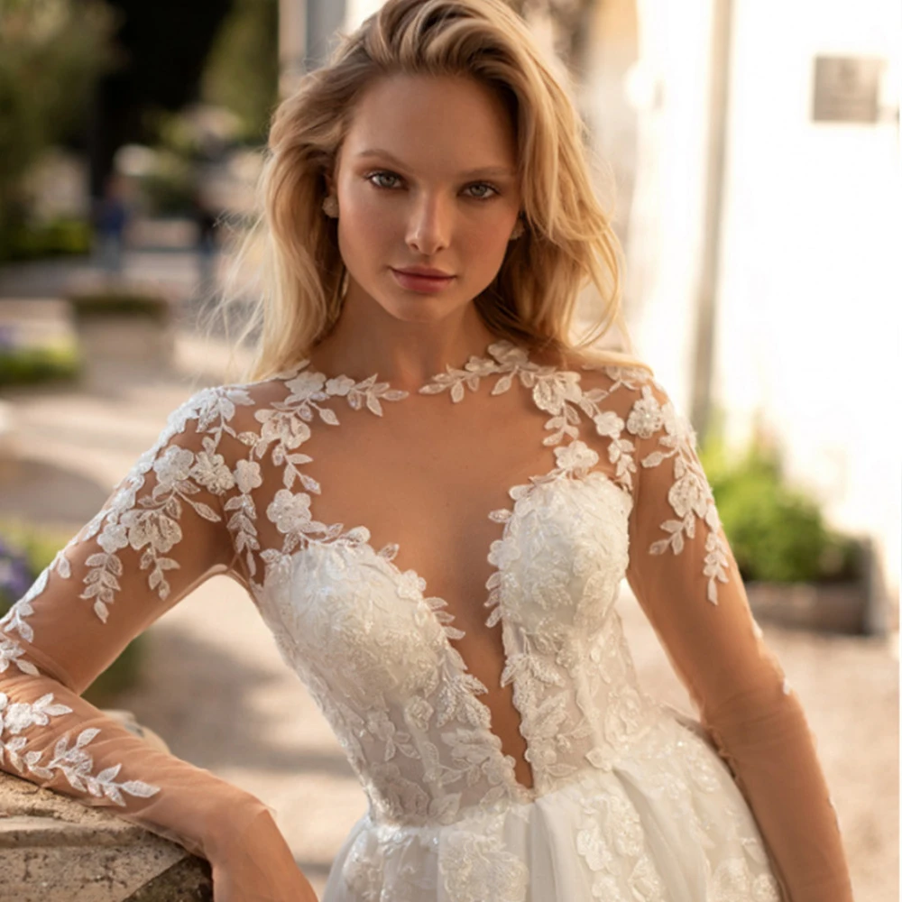 Vestido de casamento com decote em v para mulheres, mangas compridas, apliques de renda, botão traseiro, tule personalizado para medir, robe de mariee para mulheres, 2023