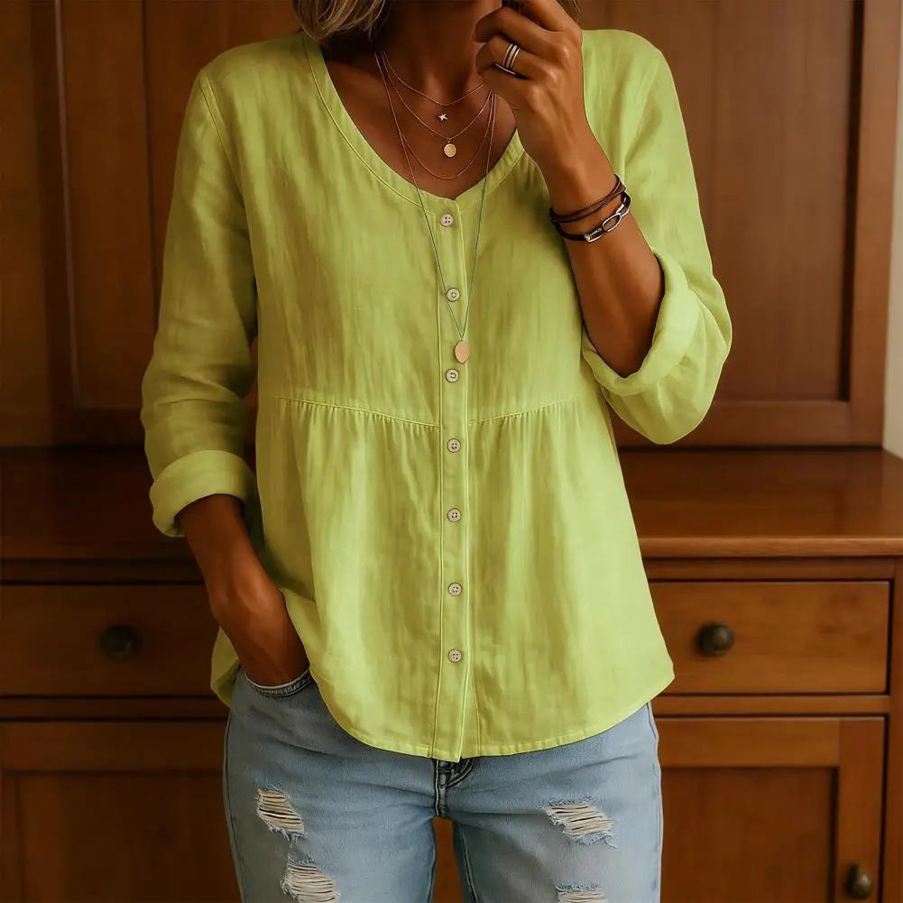 

French Style Women Blouse V-Neck Long Sleeve Linen Placket Shirt Tops A-Line Silhouette Short Front Long Back Hem Casual Shirt