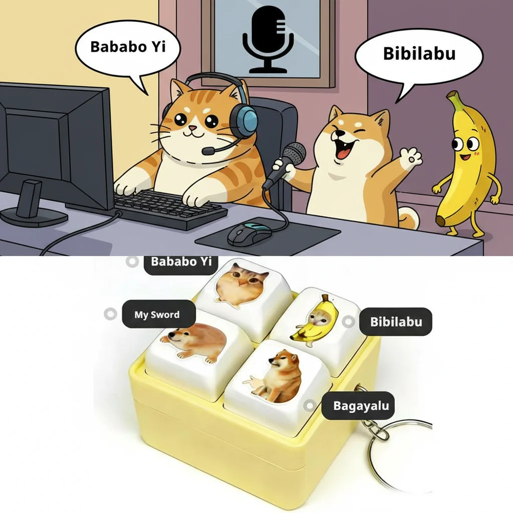 4-Key Voices Button Keychain Funny Shiba Inu Dog Cat Voices Mechanical Keyboard Fidget Toy Portable Stress Relief Clicker