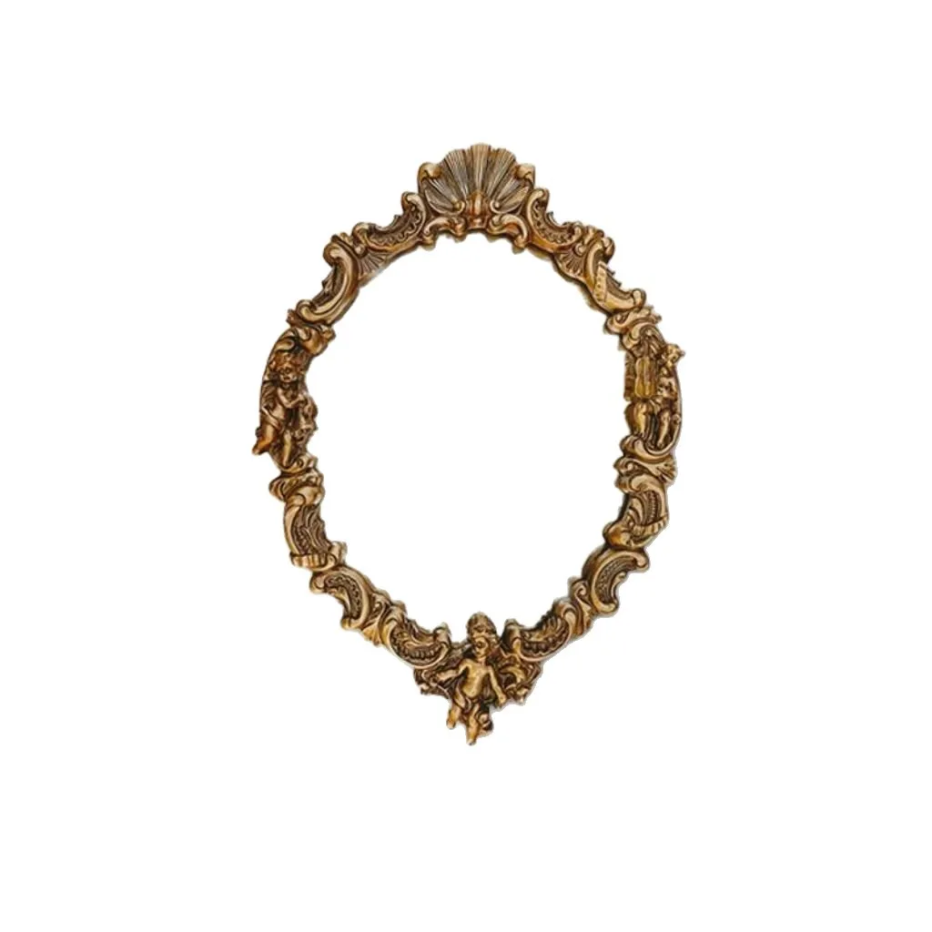 Oval Vintage Golden Color Wall Mirror With Angel Decoration Resin Material Hanging Mirror