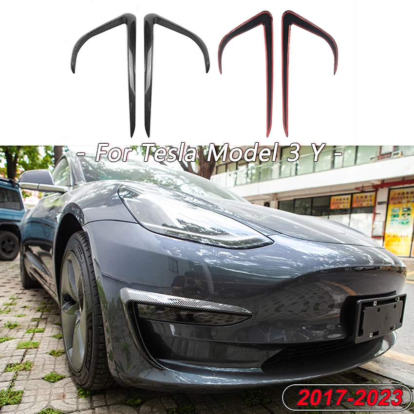 Front Bumper Cover Wind Knife For Tesla Model 3 Y 2017-2023 ABS Glossy Black Fog Lamp Trim Carbon Look Blade Trim Light Eyebrow