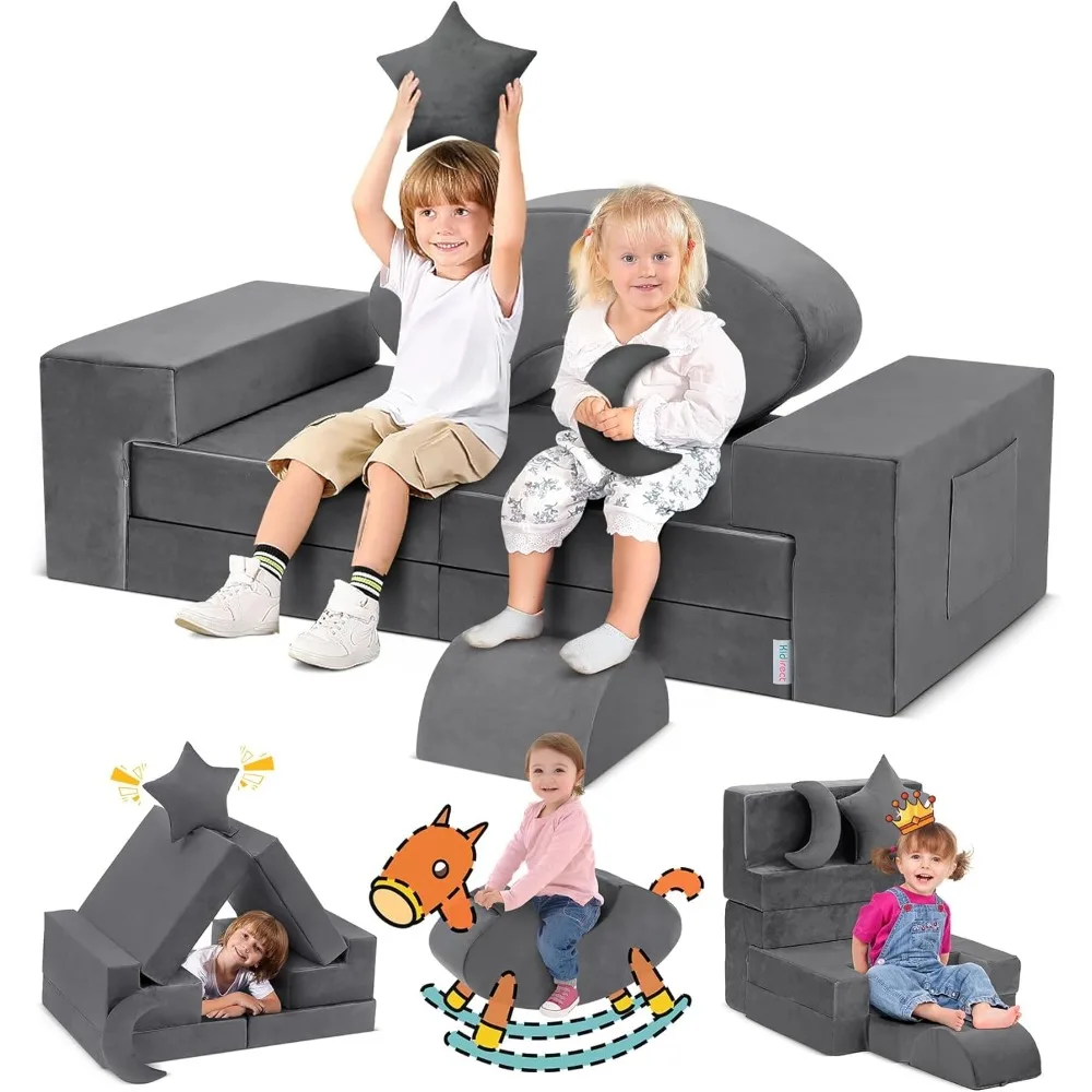 

Kids Play Couch with Star & Moon 2 Pillows, Versatile DIY Modular Building Fort Foam Couch Imaginative Gifts for Boys & Girls